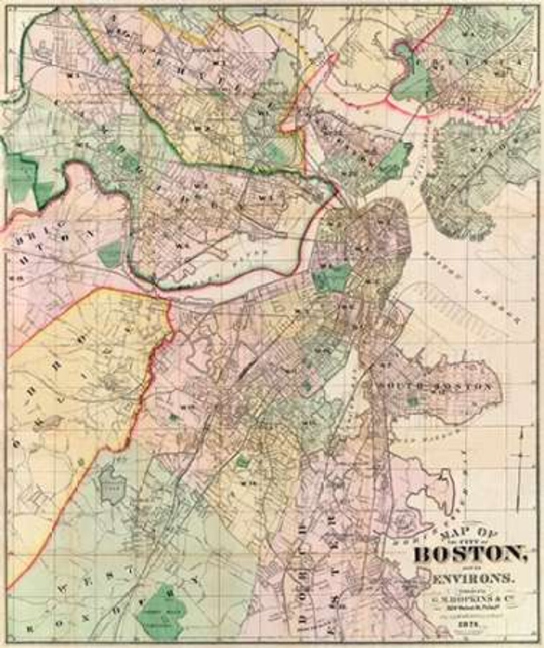 Map of The City of Boston and its Environs, 1874 Poster Print by G.M Hopkins - Item # VARPDX295097